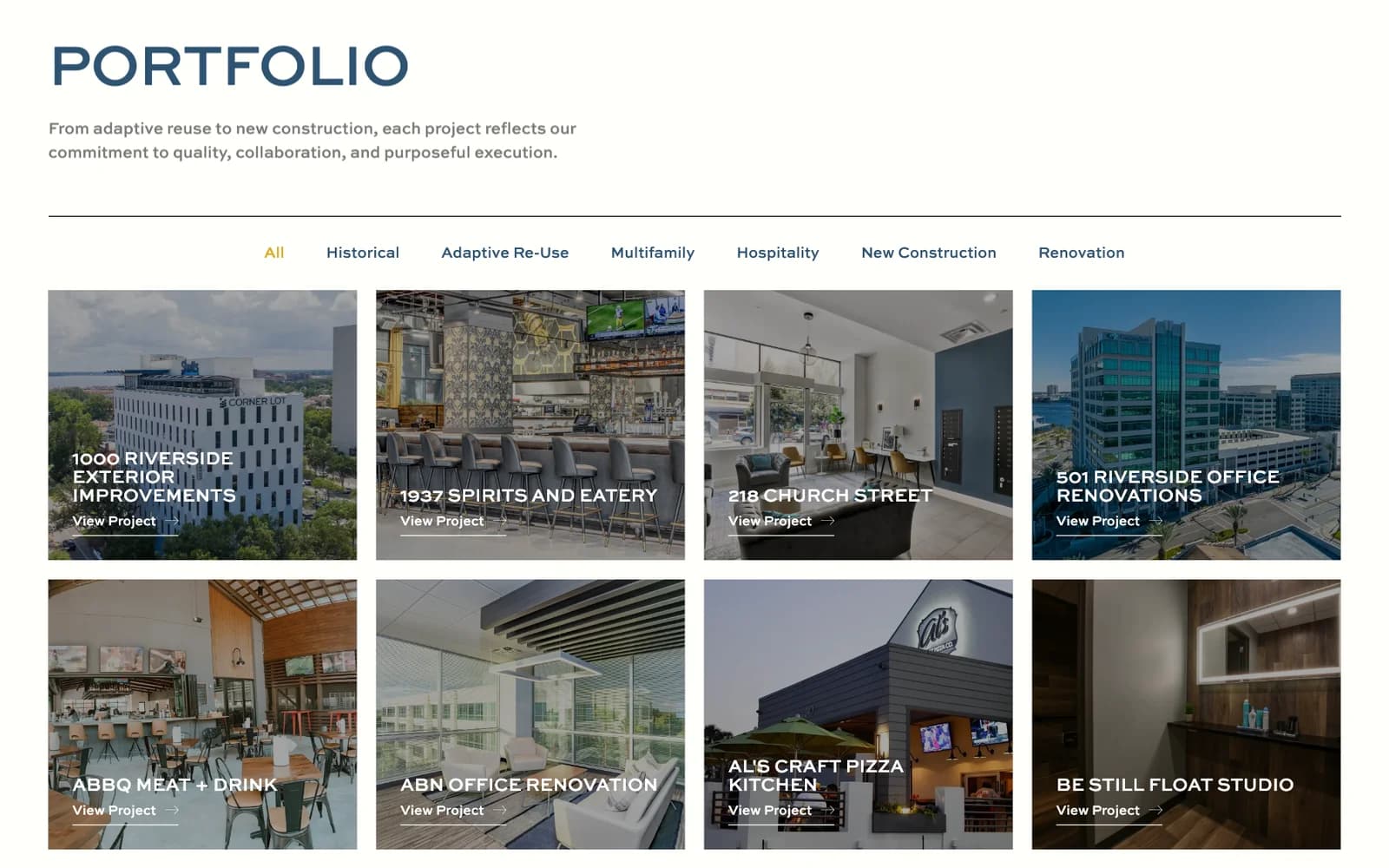 Avant Construction Group portfolio page with category filters and a grid of project photos