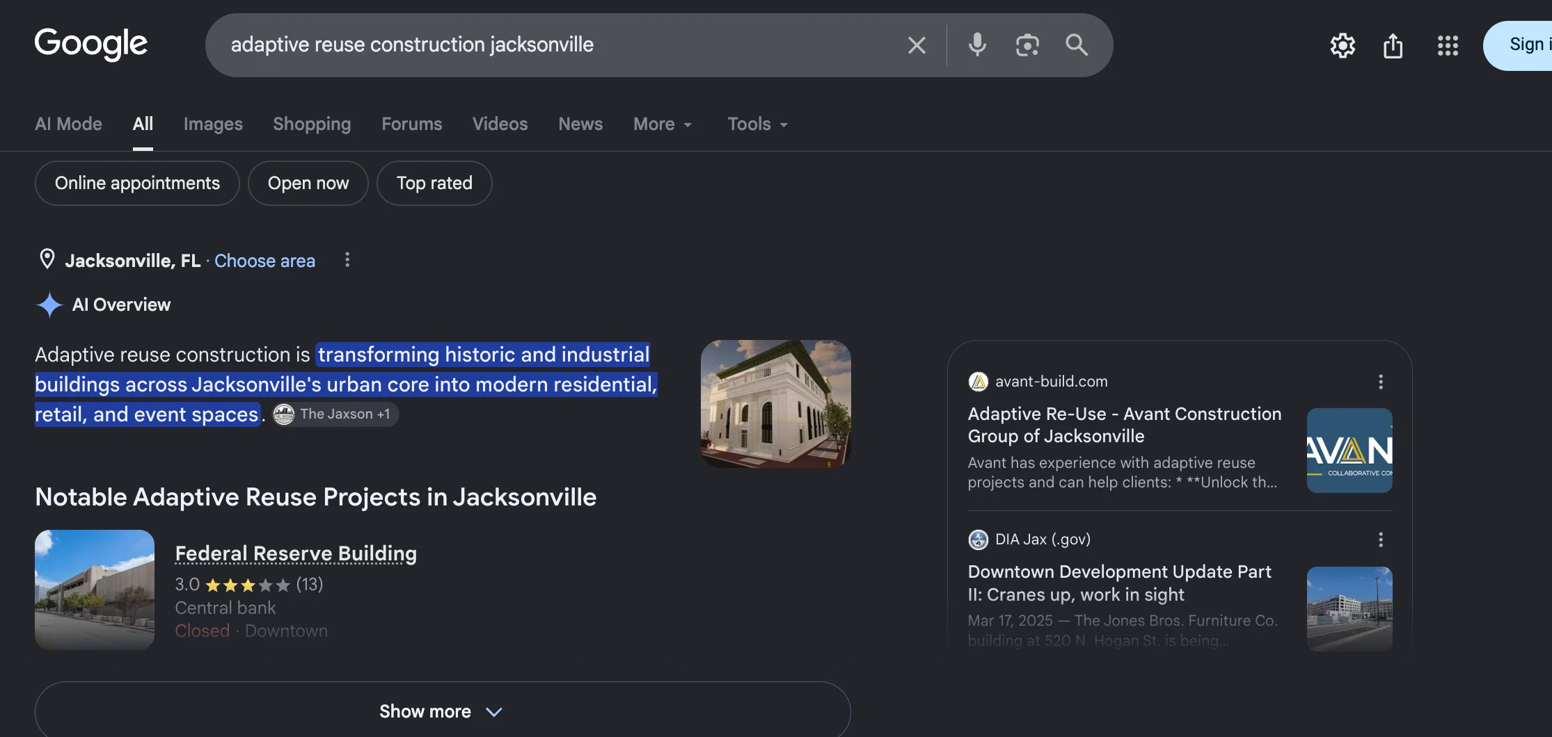 Google AI Overview for adaptive reuse construction in Jacksonville citing avant-build.com as its first source