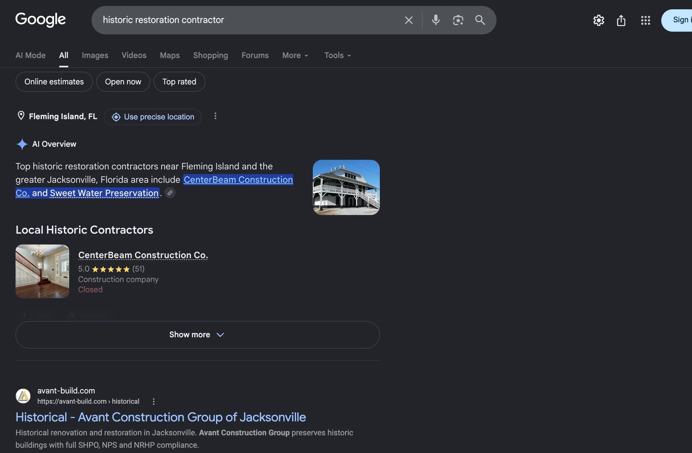 Google results for historic restoration contractor with avant-build.com as the first organic result
