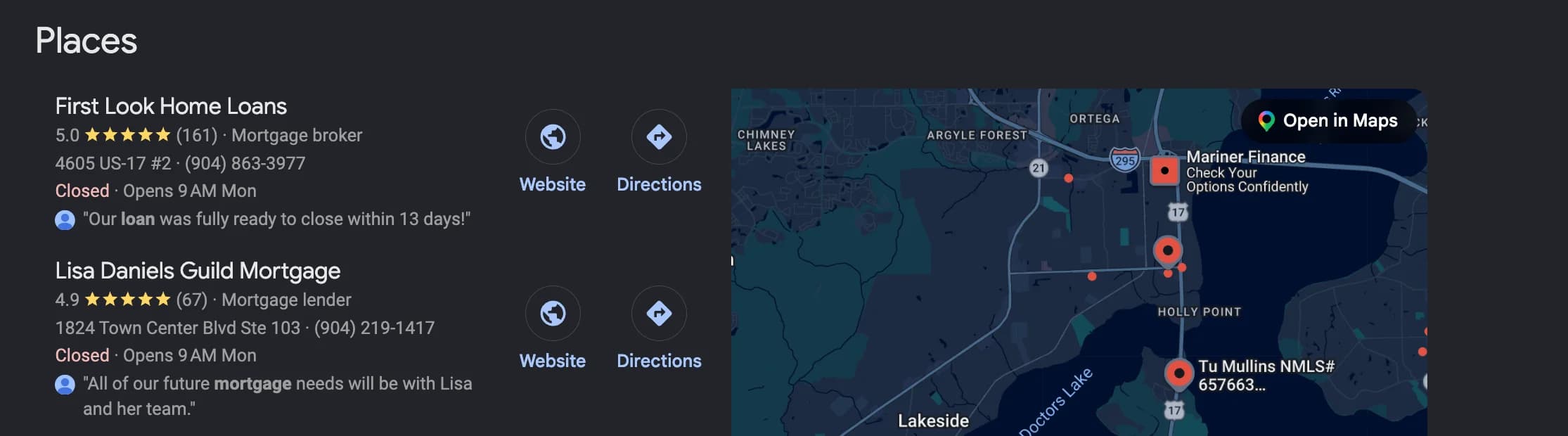 Google search for fleming island mortgage lender showing First Look Home Loans first in the map results