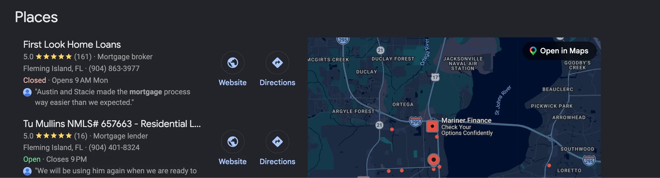 Google search for mortgage lender clay county fl showing First Look Home Loans first in the map results
