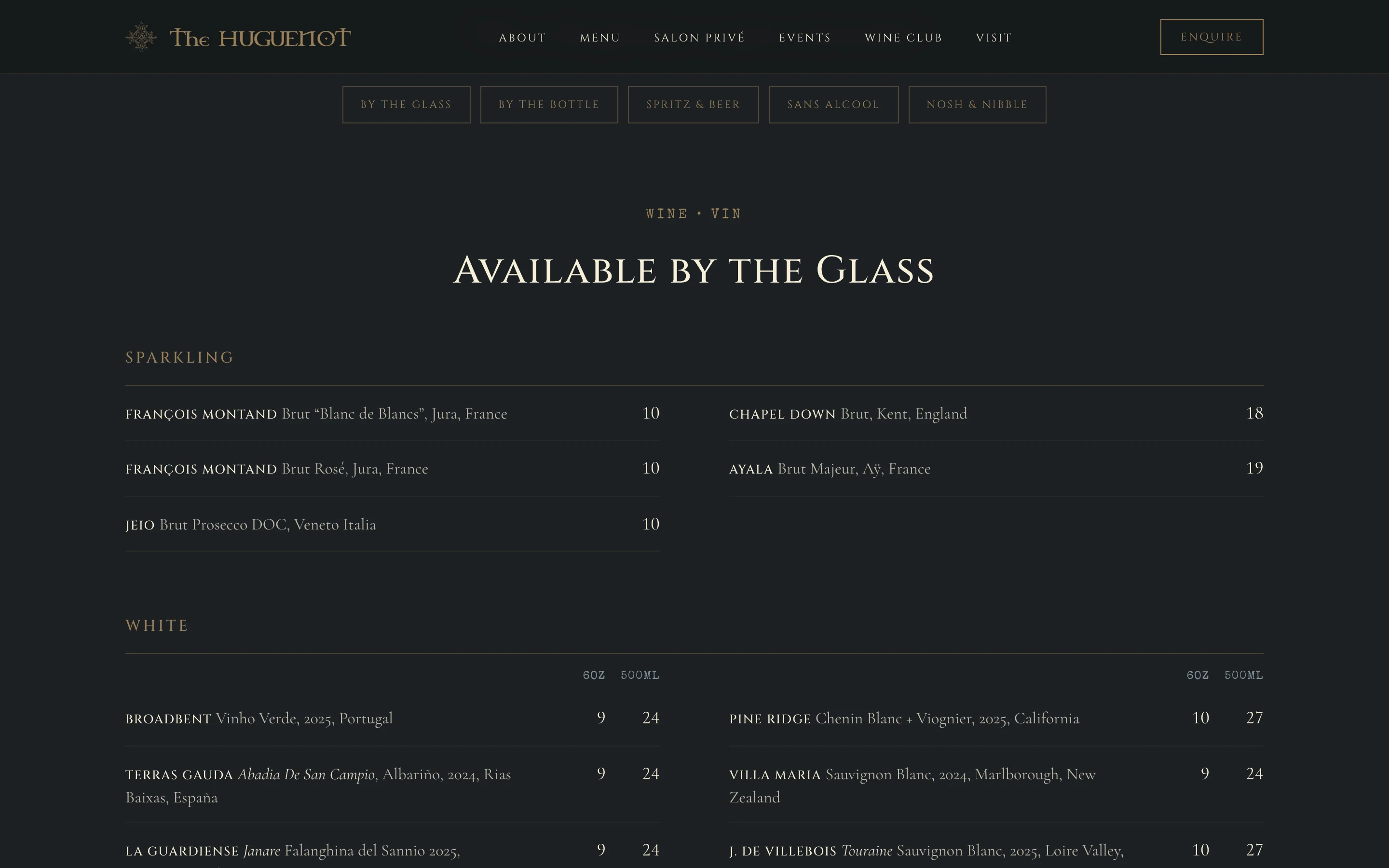 The Huguenot menu page showing wines by the glass