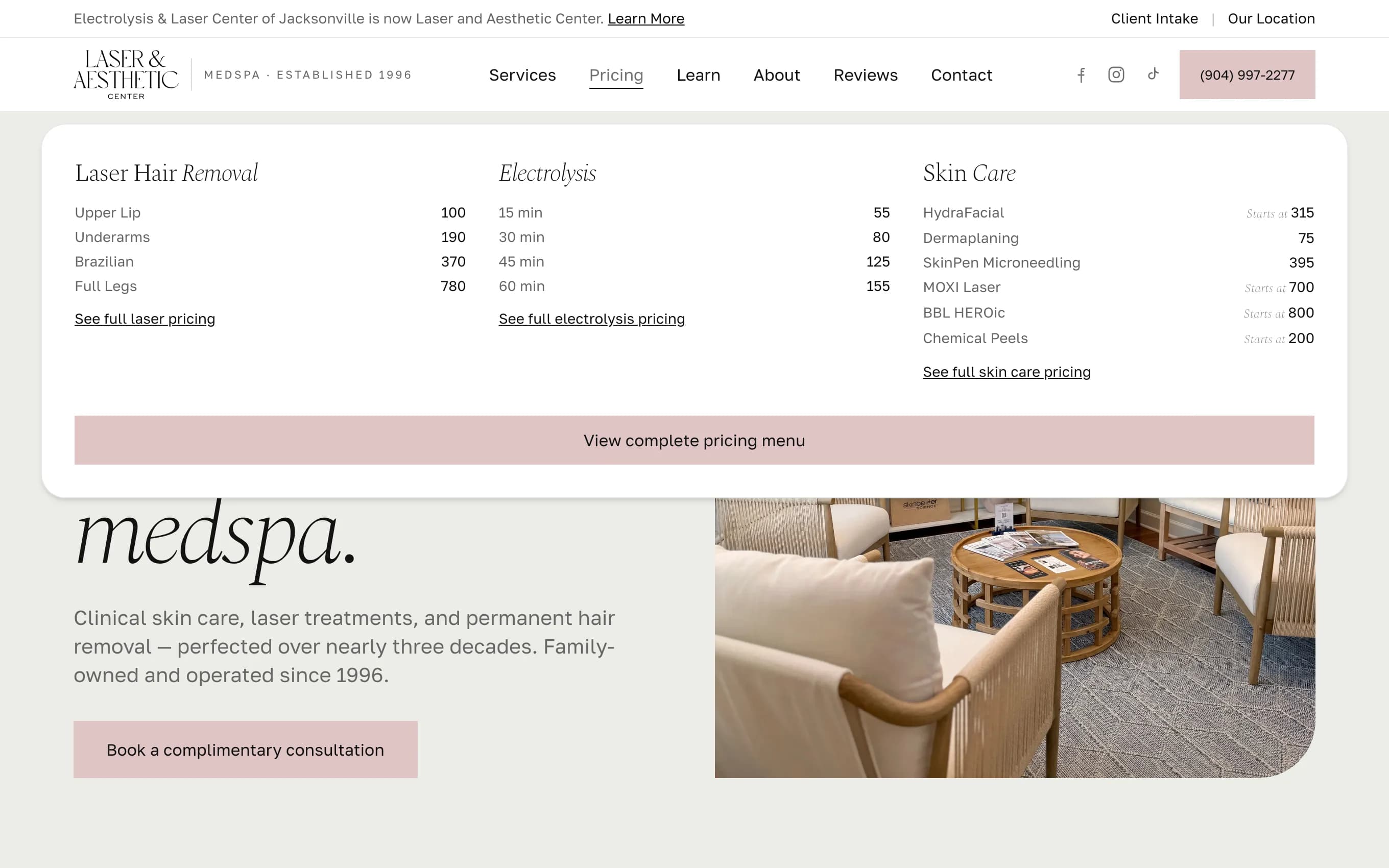 Laser and Aesthetic Center website with the Pricing mega menu open, showing laser hair removal, electrolysis and skin care prices