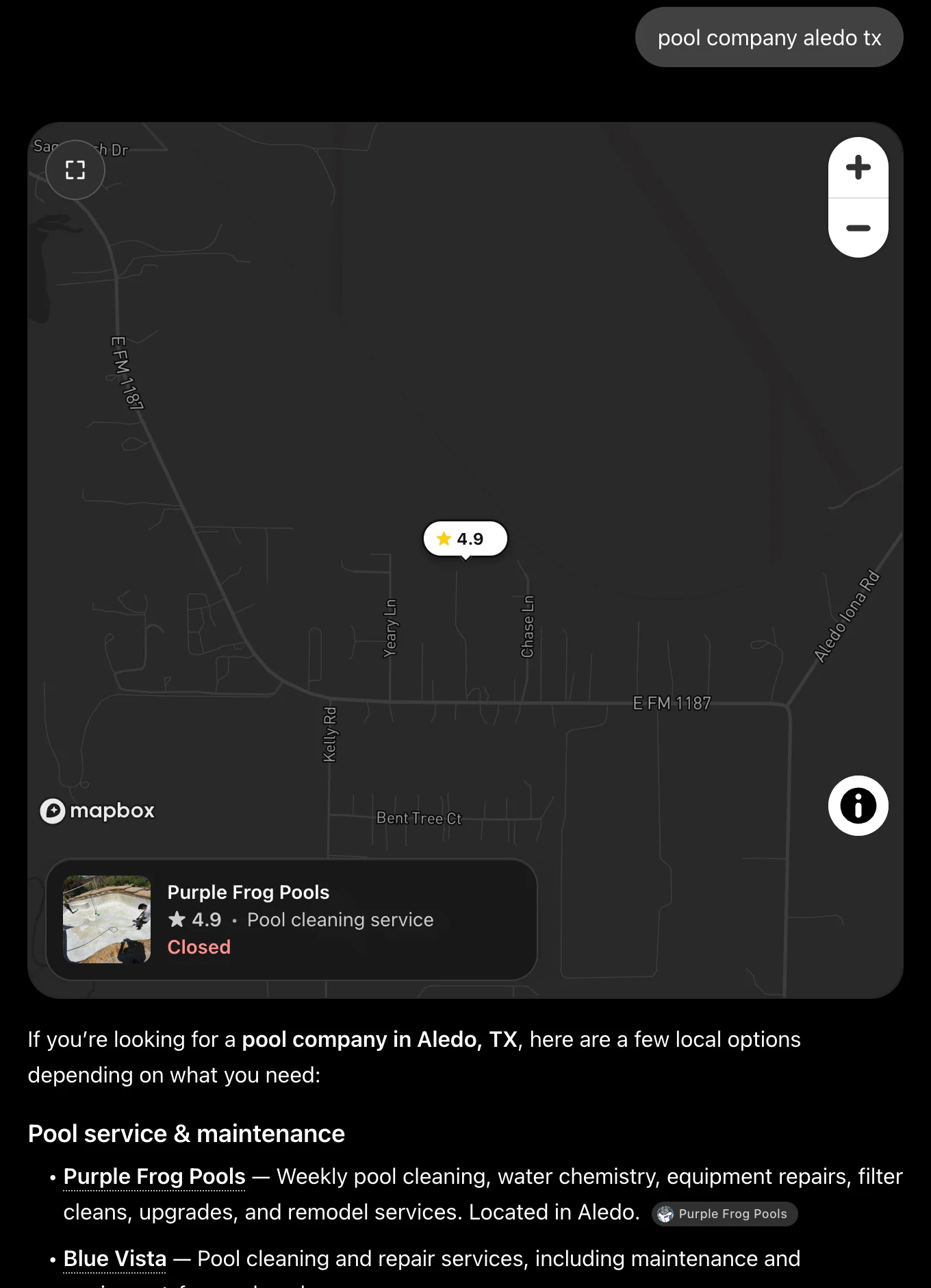 ChatGPT answer recommending Purple Frog Pools
