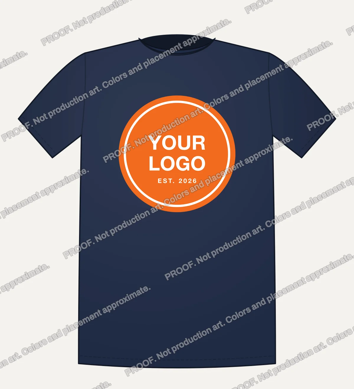 Shirt proof showing a sample logo placed on a navy tee