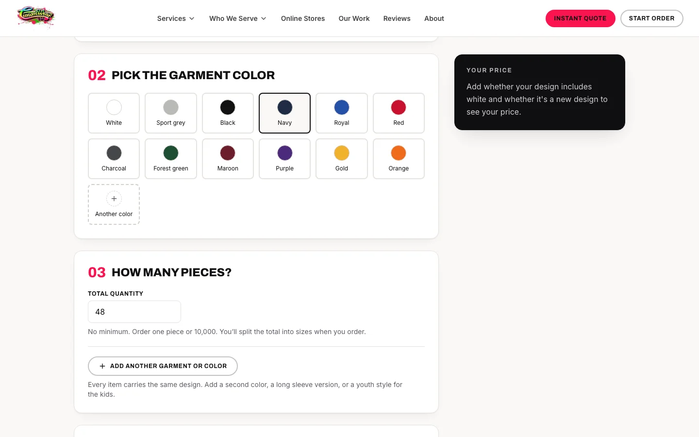 Instant quote tool with garment, color and quantity chosen