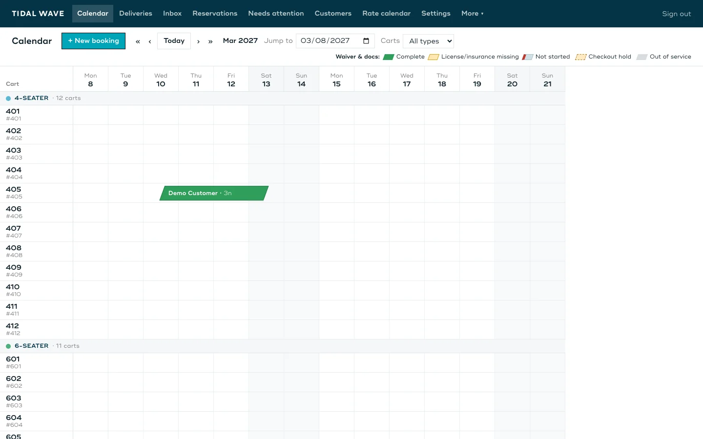 Tidal Wave admin calendar showing a demo booking on cart 405