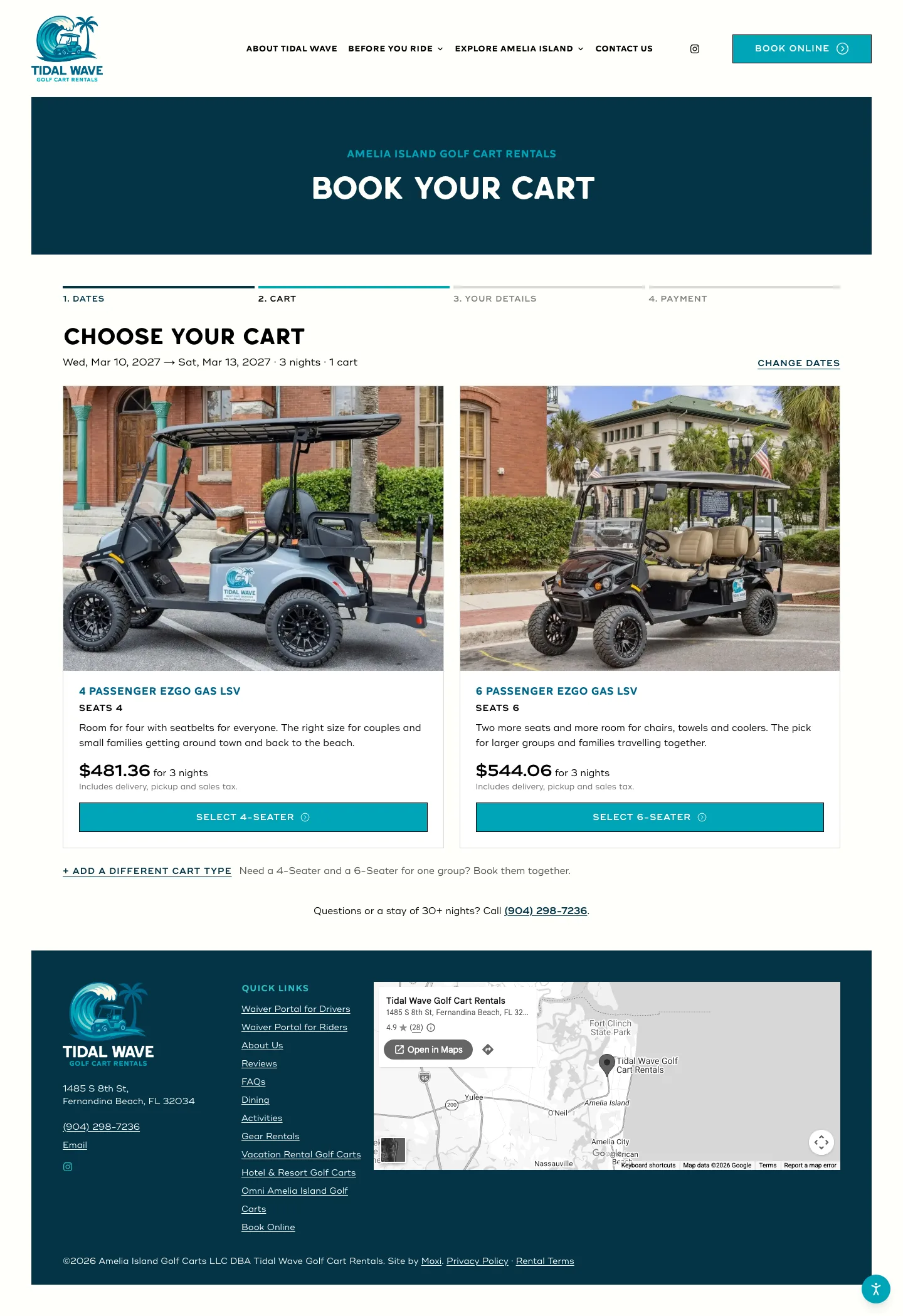 Tidal Wave booking page showing cart choices and prices for a three-night stay