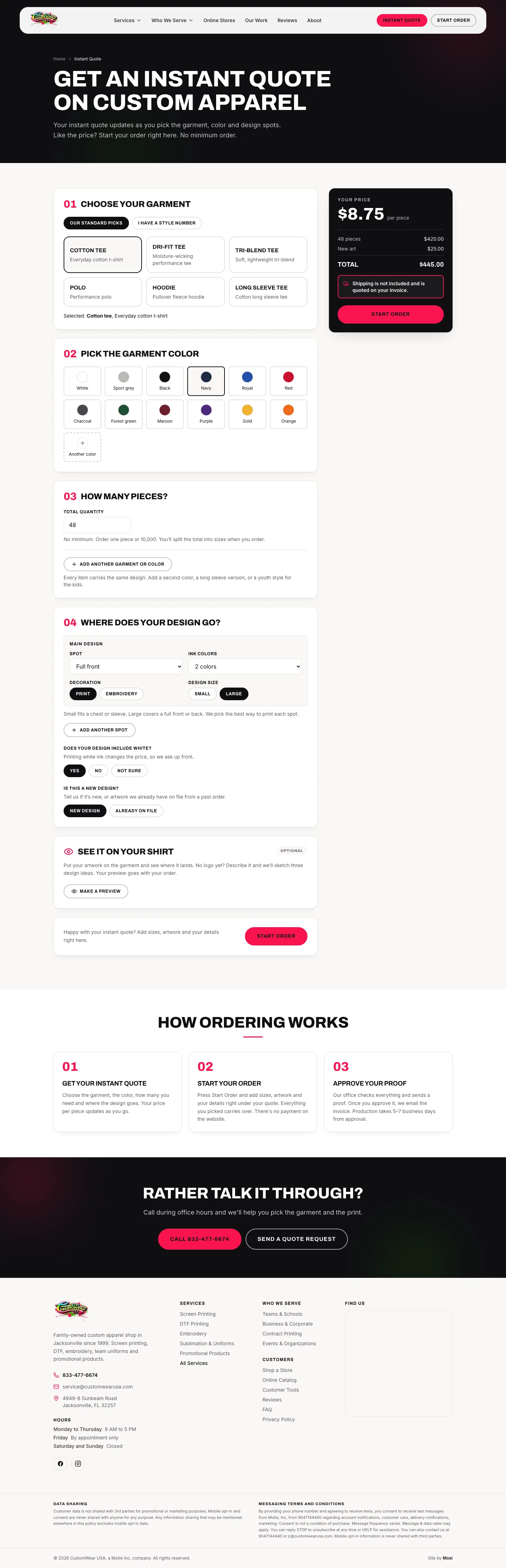 Custom Wear USA instant quote page with a completed quote